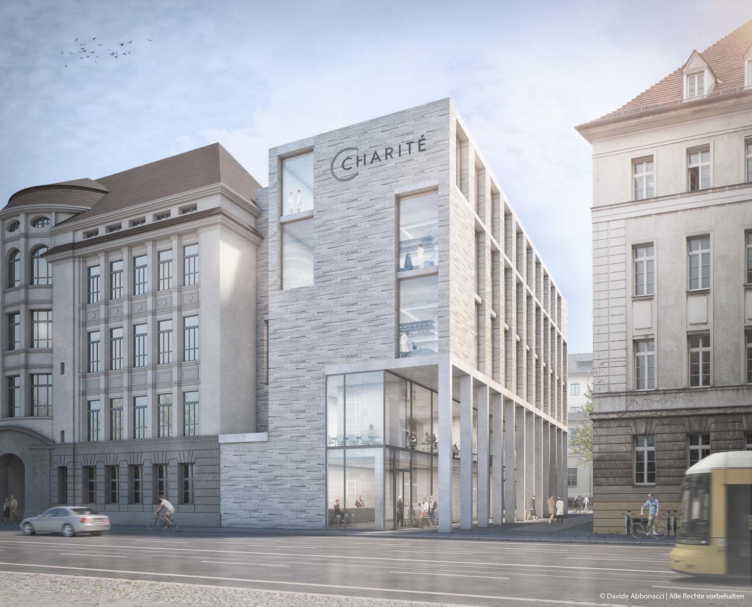 Eingangssituation und Neubau eines Forschungsgebäudes auf dem Campus Charité Mitte, Berlin | Erchinger Wurfbaum Architekten | 2020 Wettbewerbsvisualisierung | 3. Preis&nbsp;