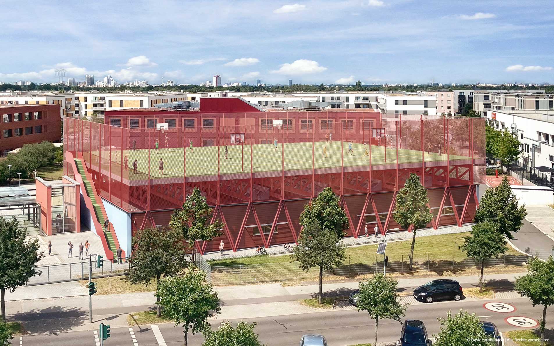 Überbauung einer Sporthalle in Schönefeld, Brandenburg | NAK Architekten | 2023 Visualisierung Machbarkeitsstudie&nbsp;