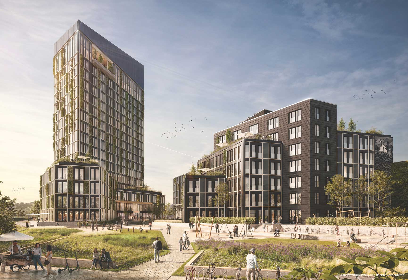 Kesselborn Campus, Rostock - Sky-Deck, Office-Deck | Vollack Architekten, NAK Architekten, LH Architekten, ST raum a. Landschaftsarchitekten für NEXT Generation Invest | 2025 Projektvisualisierung, Kooperation mit mojoimages&nbsp;